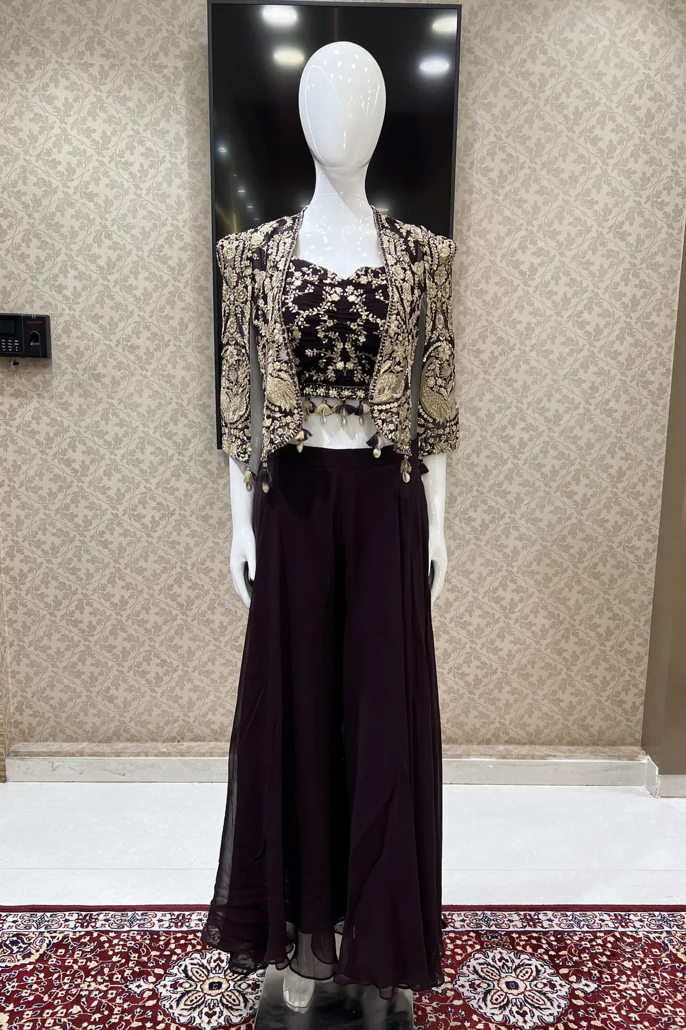 Wine Sequins and Zari work Crop Top with Overcoat Styled Palazzo Suit Set