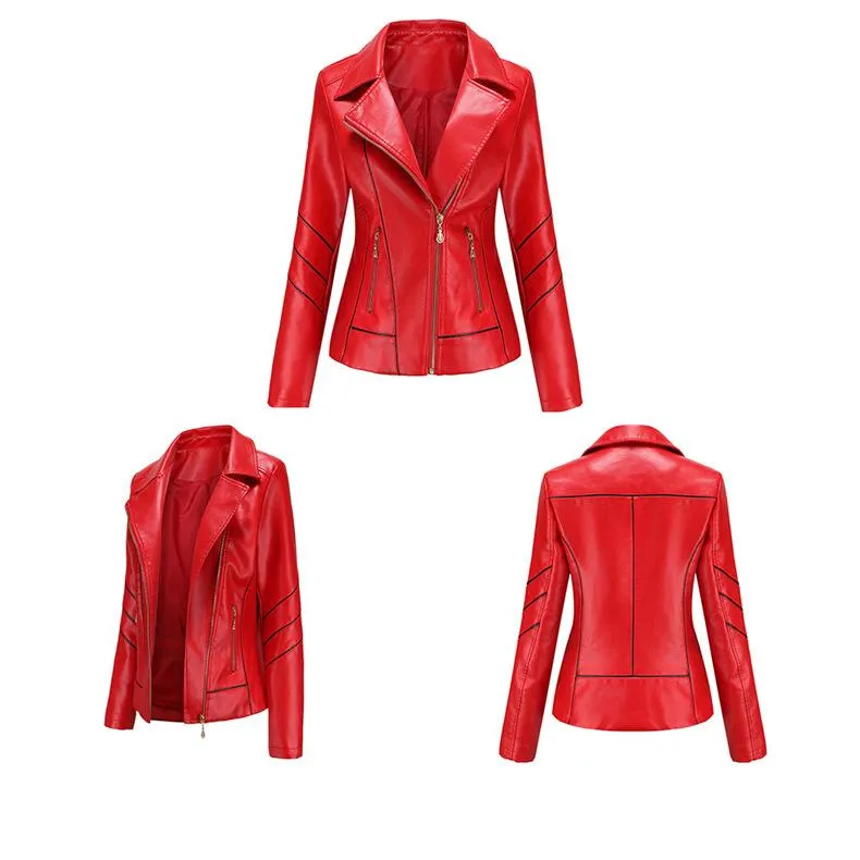 Women biker long sleeve slim fit zip up ladies jacket