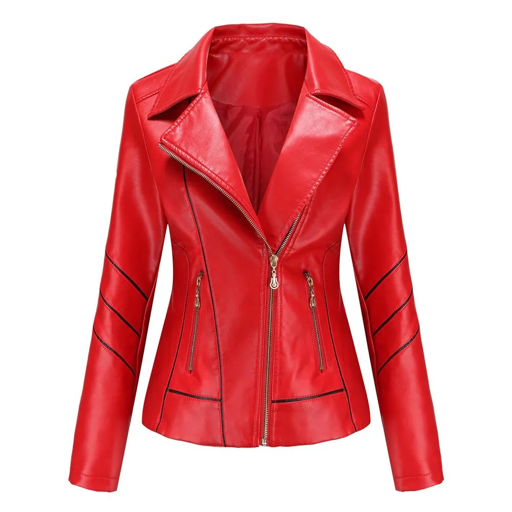 Women biker long sleeve slim fit zip up ladies jacket