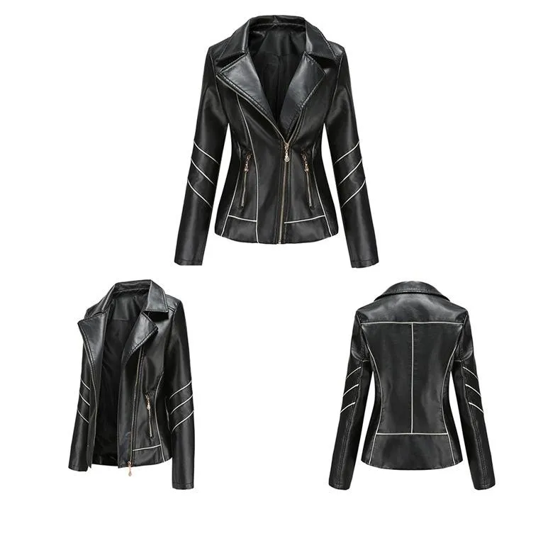 Women biker long sleeve slim fit zip up ladies jacket