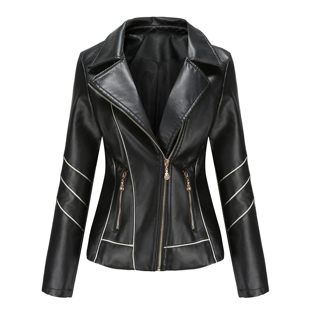 Women biker long sleeve slim fit zip up ladies jacket