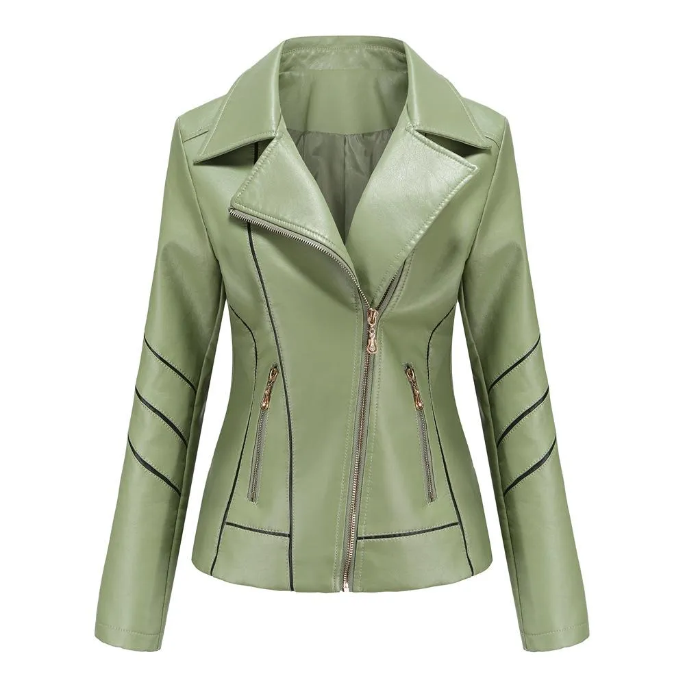 Women biker long sleeve slim fit zip up ladies jacket