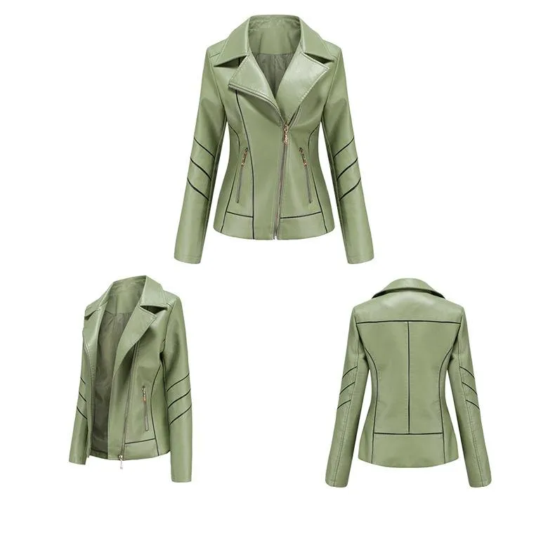 Women biker long sleeve slim fit zip up ladies jacket