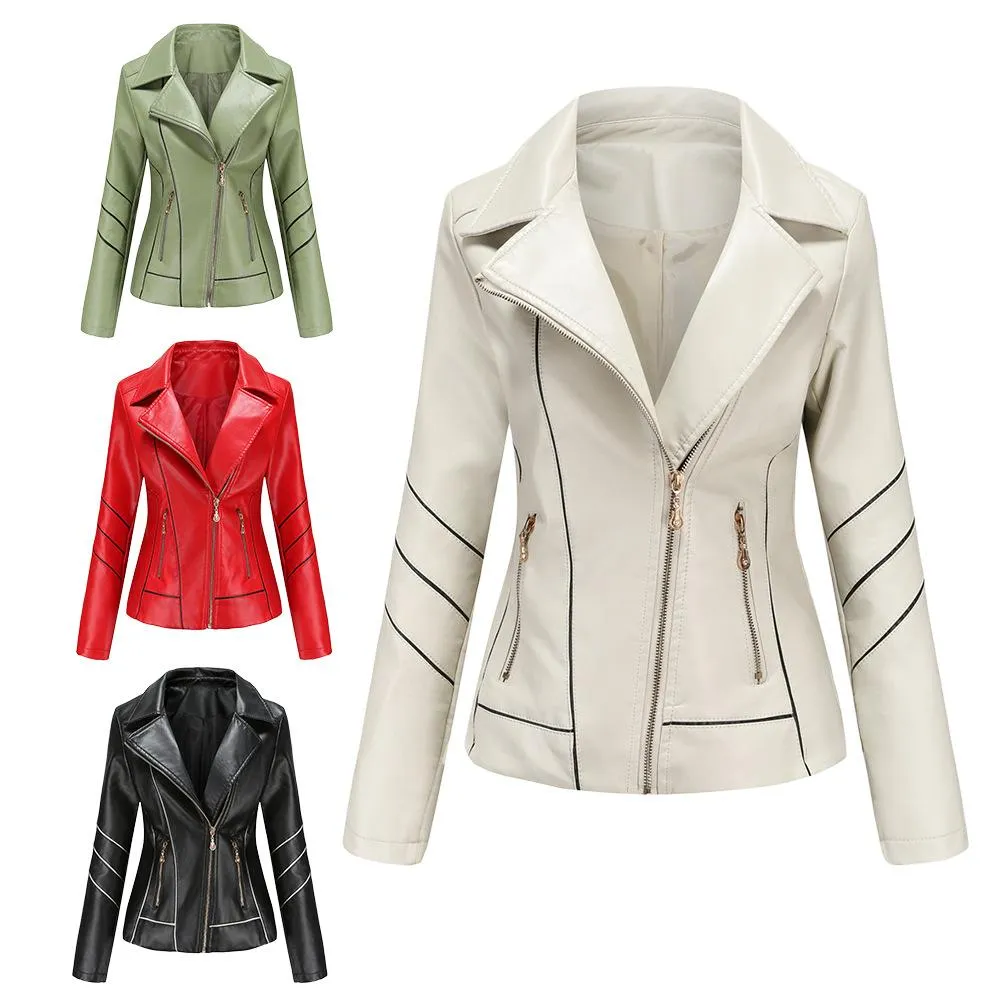 Women biker long sleeve slim fit zip up ladies jacket