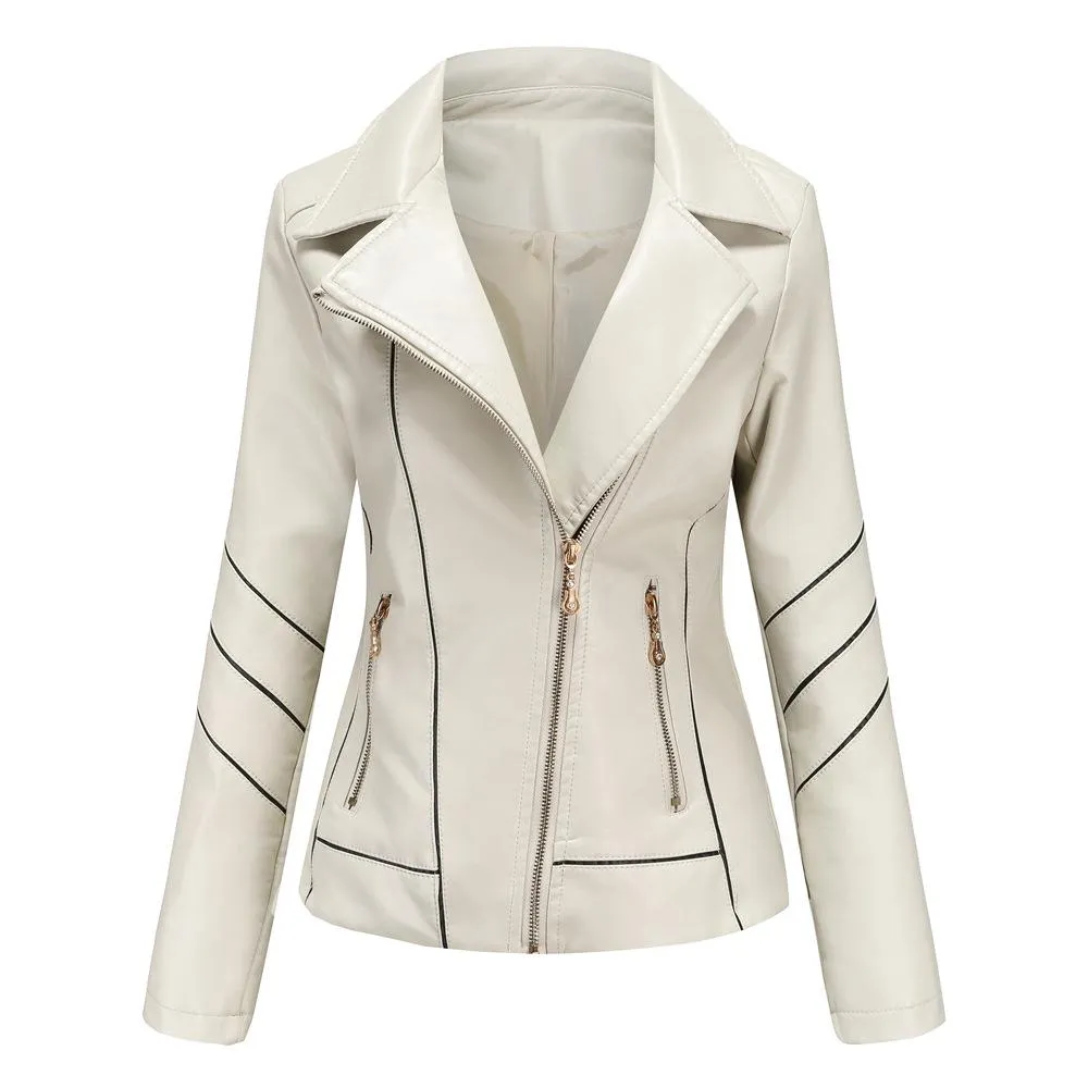 Women biker long sleeve slim fit zip up ladies jacket