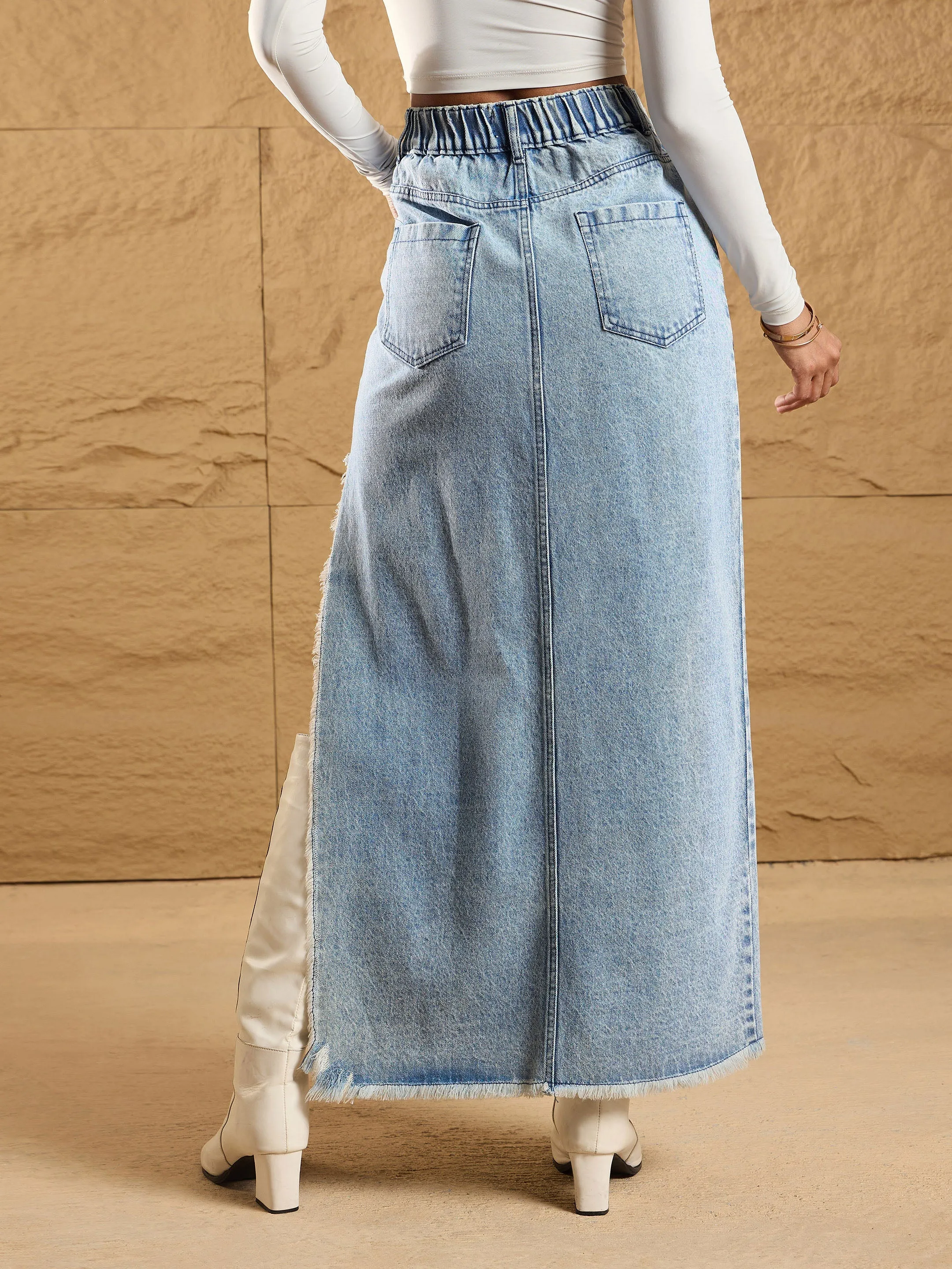 Women Ice Blue Distressed Side Slit Maxi Skirt