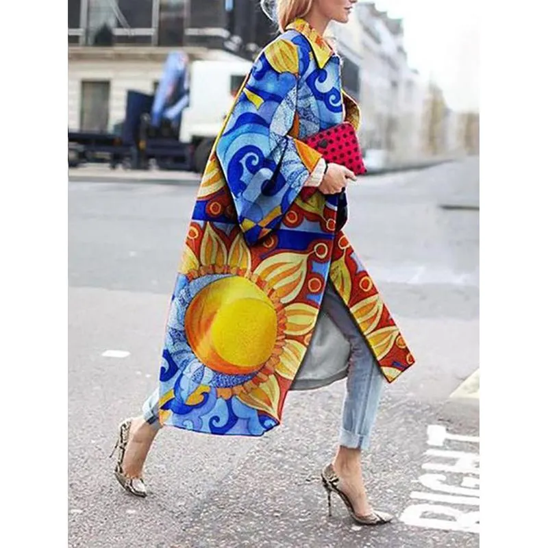 Women printed flare sleeve windbreaker winter fall long coat