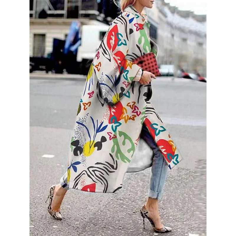 Women printed flare sleeve windbreaker winter fall long coat