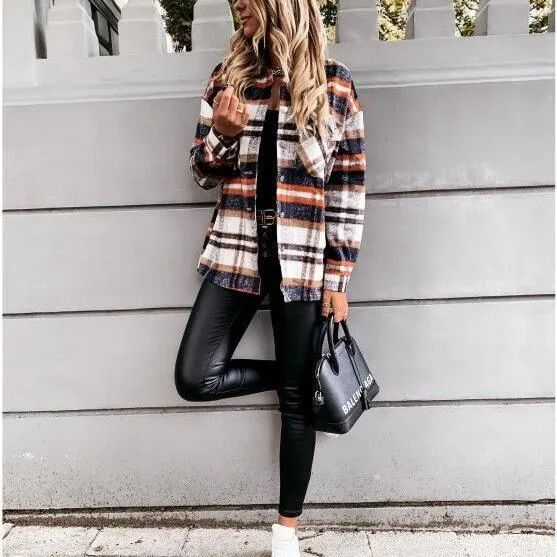 Women retro button fall outerwear long sleeve lightweight plaid coat