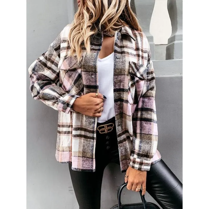 Women retro button fall outerwear long sleeve lightweight plaid coat