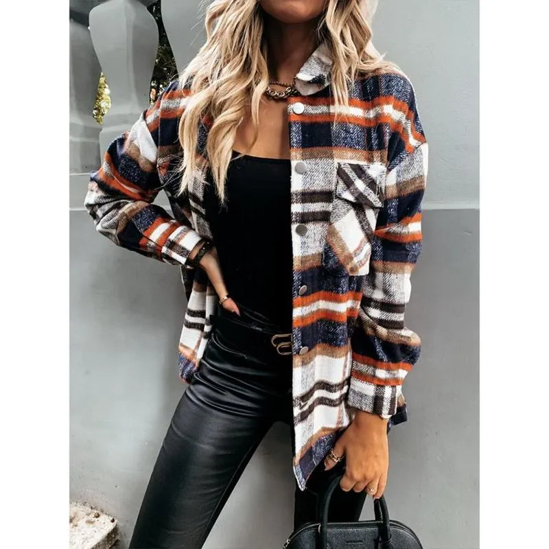 Women retro button fall outerwear long sleeve lightweight plaid coat