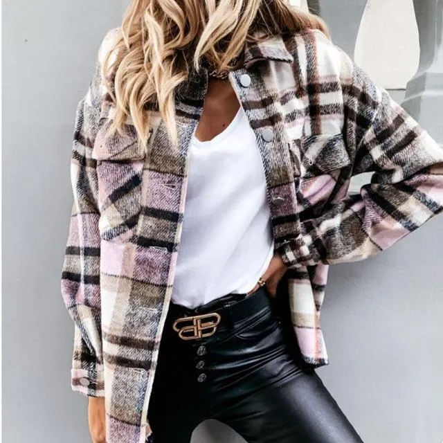 Women retro button fall outerwear long sleeve lightweight plaid coat