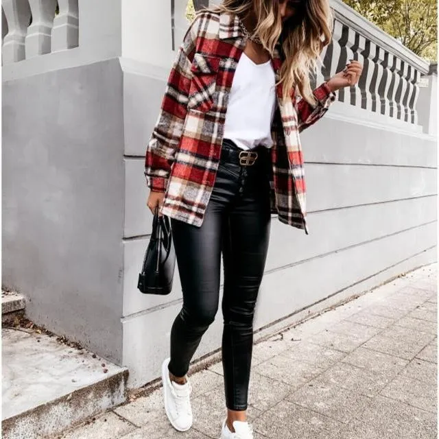 Women retro button fall outerwear long sleeve lightweight plaid coat