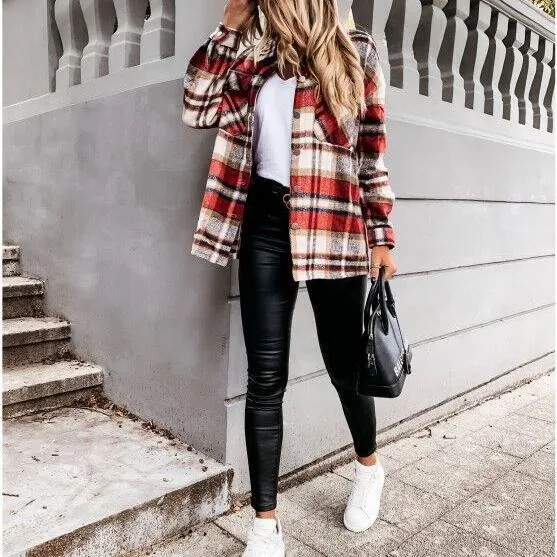 Women retro button fall outerwear long sleeve lightweight plaid coat