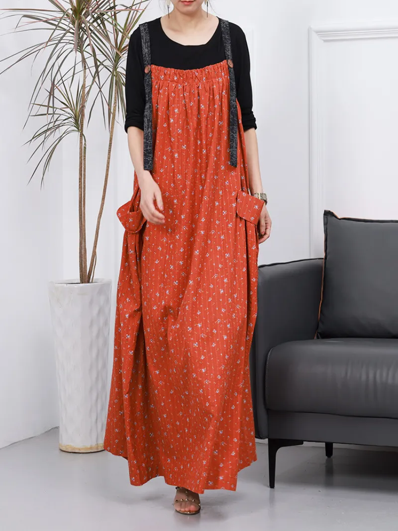 Women Stylish Floral Side Pocket Sleeveless Maxi Salopette Dress