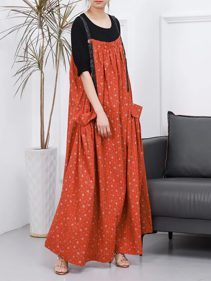 Women Stylish Floral Side Pocket Sleeveless Maxi Salopette Dress