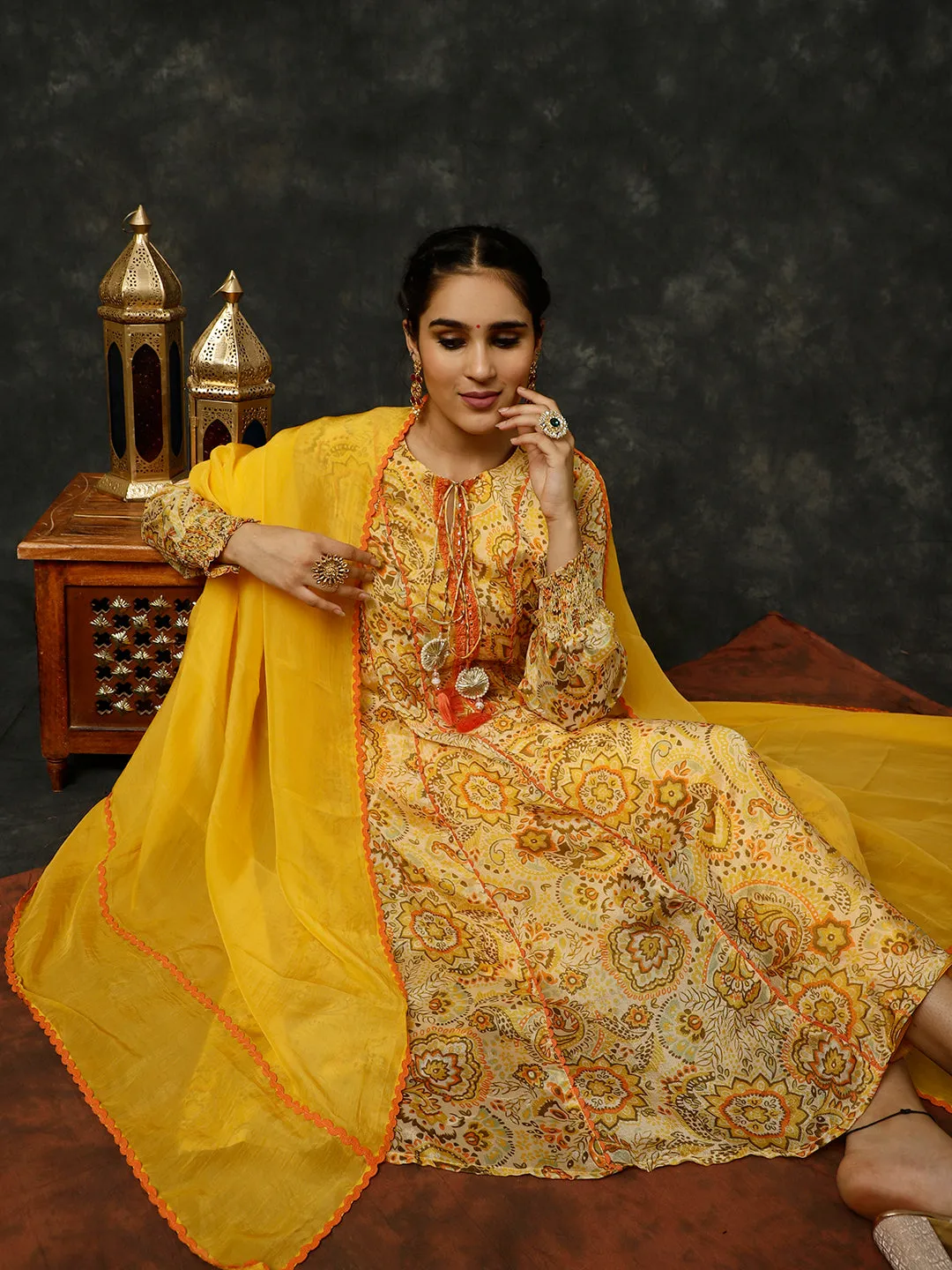 Yellow Floral Printed Mirror Work Anarkali Kurta With Pants And Dupatta