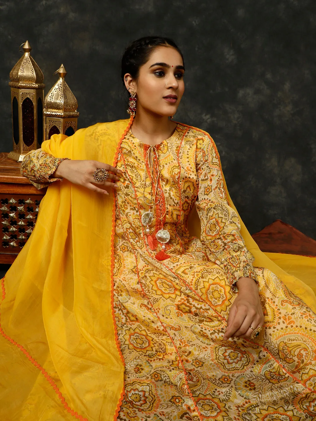 Yellow Floral Printed Mirror Work Anarkali Kurta With Pants And Dupatta